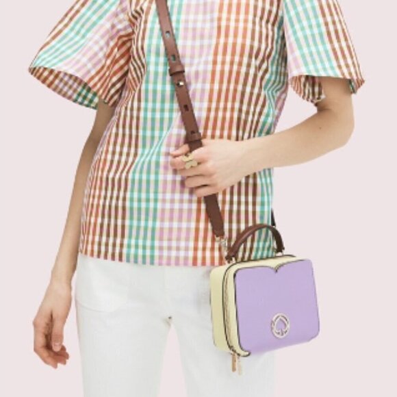 NWT!! Kate Spade Vanity Mini Top Handle Bag -Purple/Cream yellow(Irisbloom) - Picture 5 of 16